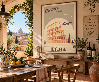 Affiche Rome vintage encadrée dans un intérieur italien élégant – décoration murale Colisée Pais Chocolatine
