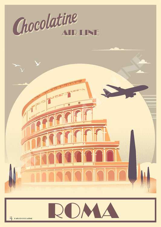 Affiche vintage Rome Italie – Colisée, cyprès et avion, illustration rétro de la Ville Éternelle – Pais Chocolatine