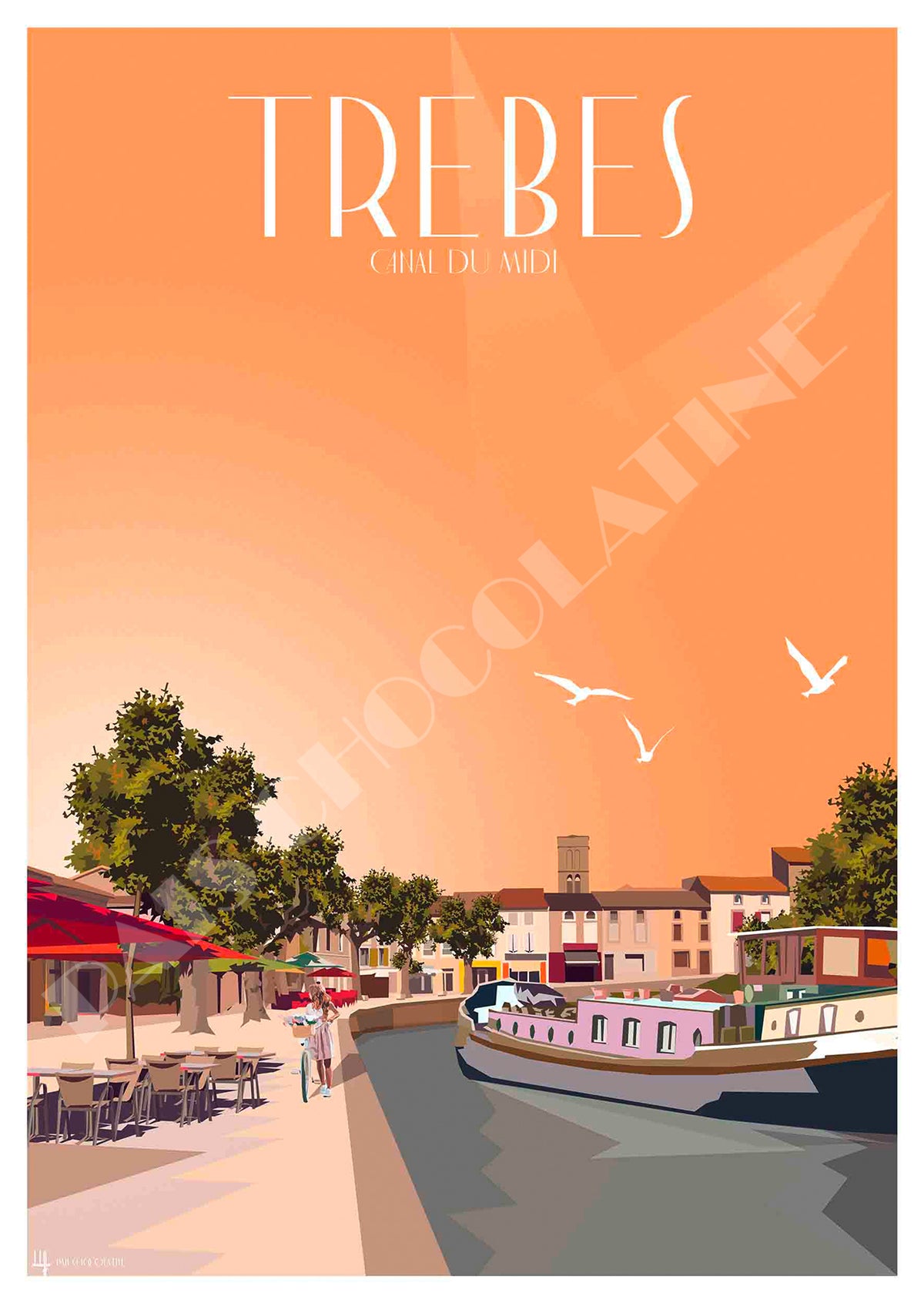 Affiche vintage Trèbes et Canal du Midi – péniche, village de l’Aude et ambiance Occitanie, illustration Pais Chocolatine