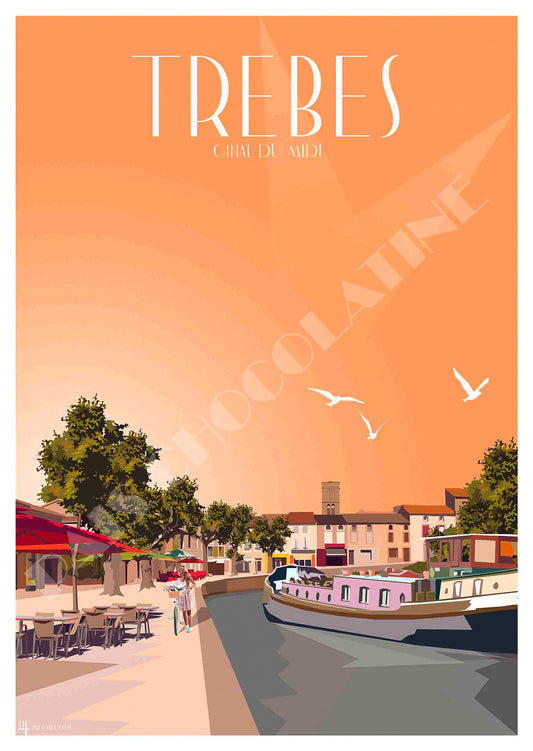 Affiche vintage Trèbes et Canal du Midi – péniche, village de l’Aude et ambiance Occitanie, illustration Pais Chocolatine