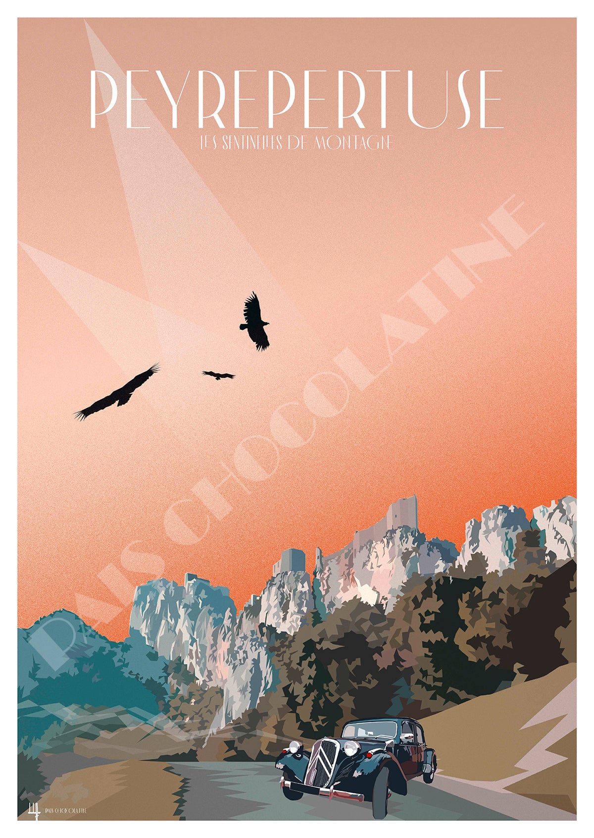 Affiche Peyrepertuse vintage – château cathare, Citroën Traction et route des Corbières dans l’Aude – Pais Chocolatine