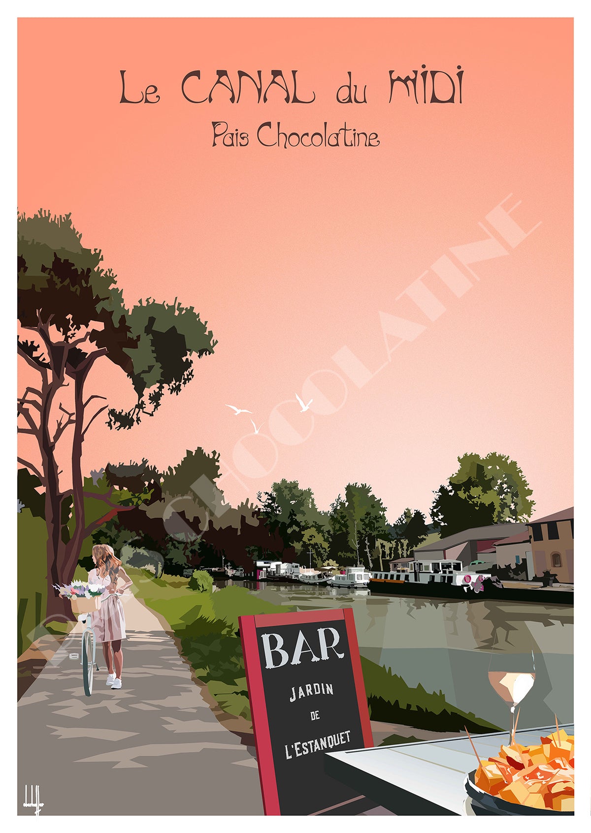 Affiche vintage Canal du Midi – écluse, péniche et chemin de halage en Occitanie, illustration rétro Pais Chocolatine