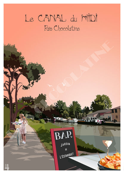 Affiche vintage Canal du Midi – écluse, péniche et chemin de halage en Occitanie, illustration rétro Pais Chocolatine