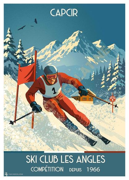 Affiche vintage CAPCIR – Ski Club Les Angles, skieur en compétition dans les Pyrénées catalanes, illustration rétro Pais Chocolatine