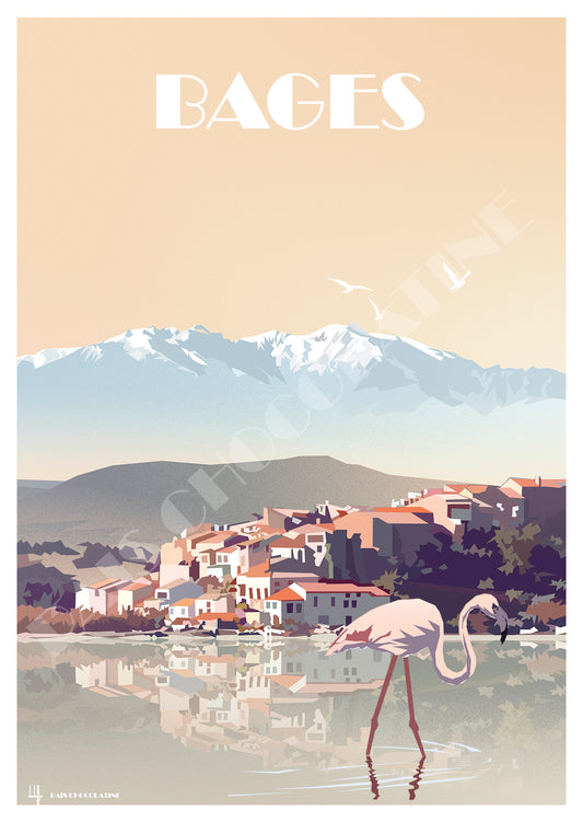 Affiche vintage Bages Aude – flamant rose sur les étangs, village et Pyrénées avec le Canigou – Pais Chocolatine