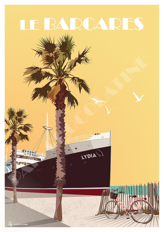 Affiche vintage Le Barcarès – Le Lydia sur la plage, palmiers et vélo face à la Méditerranée, Pais Chocolatine