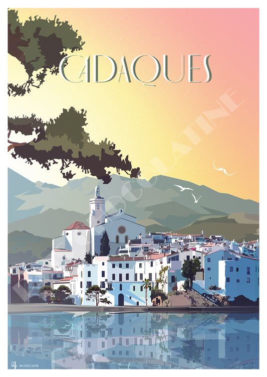 Affiche vintage Cadaqués Costa Brava – village blanc de Catalogne au bord de la Méditerranée – Pais Chocolatine
