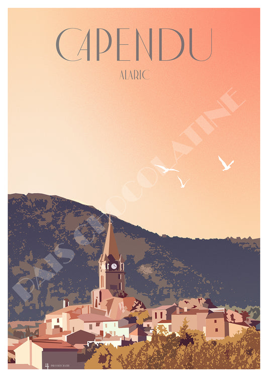 Affiche Capendu vintage – village de l’Aude au pied de l’Alaric et clocher – illustration Occitanie Pais Chocolatine