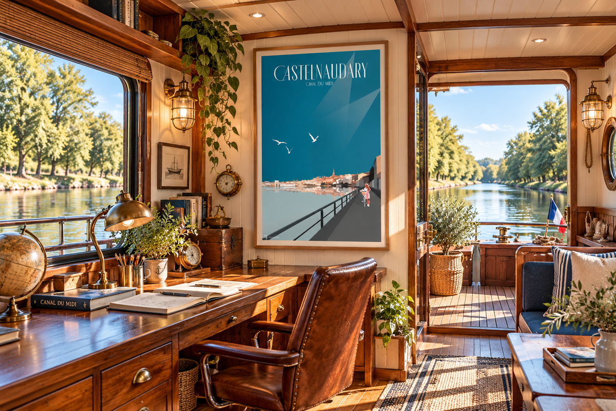 Affiche vintage de Castelnaudary en décoration dans une péniche naviguant sur le Canal du Midi