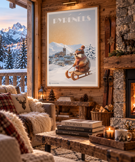 Affiche Pyrénées marmotte humoristique présentée dans un chalet – décoration montagne enneigée et hiver Pais Chocolatine