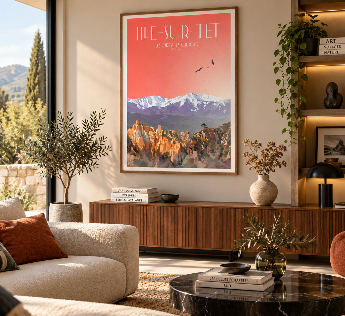 Affiche Ille-sur-Têt Illuminations Catalanes présentée dans un intérieur design – décoration murale vintage des Pyrénées-Orientales, Pais Chocolatine