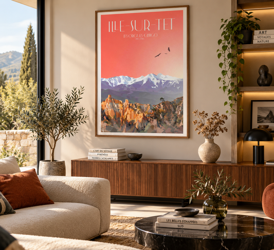 Affiche Ille-sur-Têt Illuminations Catalanes présentée dans un intérieur design – décoration murale vintage des Pyrénées-Orientales, Pais Chocolatine