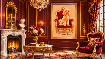 Affiche vintage représentant un Caniche dans un salon raffiné, décoration rétro chic inspirée des portraits de chiens.