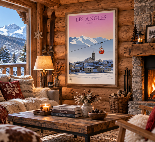 Affiche Les Angles ski presentee dans un chalet chaleureux au cœur de l’univers des Pyrenees catalanes