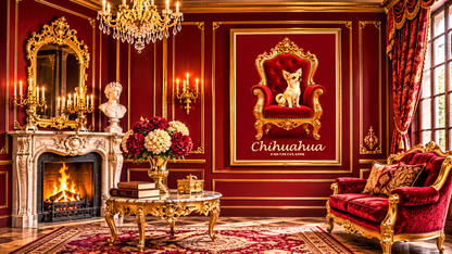 Affiche vintage Chihuahua présentée dans un salon raffiné, décoration rétro chic inspirée des portraits aristocratiques de chiens.