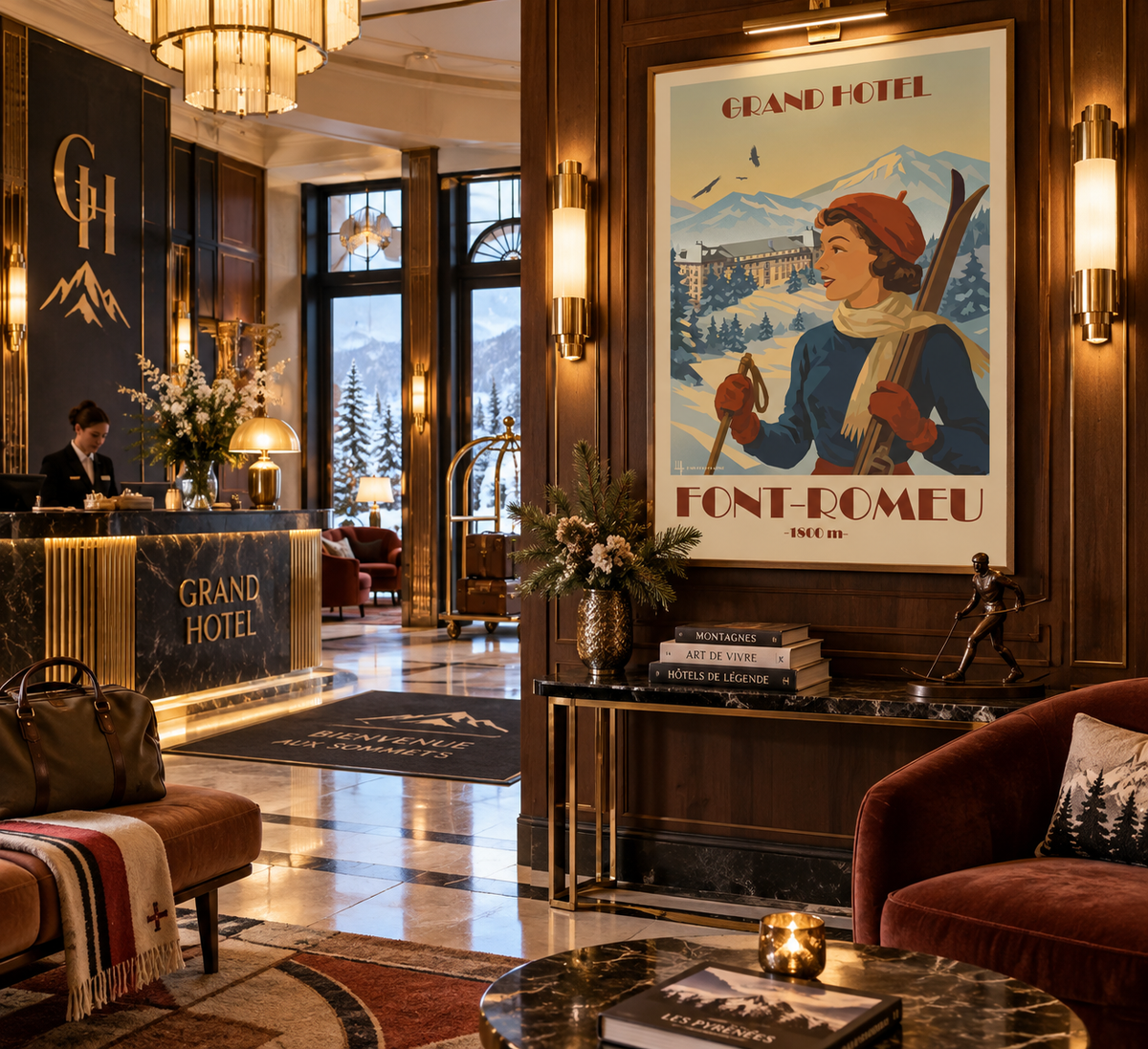 Affiche vintage Font-Romeu et Grand Hôtel présentée dans un hall d'hotel art deco chaleureux esprit montagne