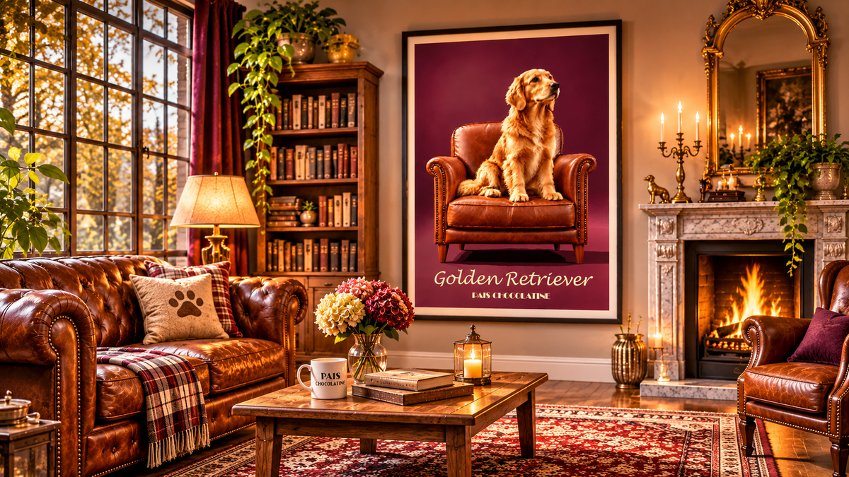 Affiche vintage Golden Retriever présentée dans un salon élégant, décoration rétro inspirée des portraits de chiens.