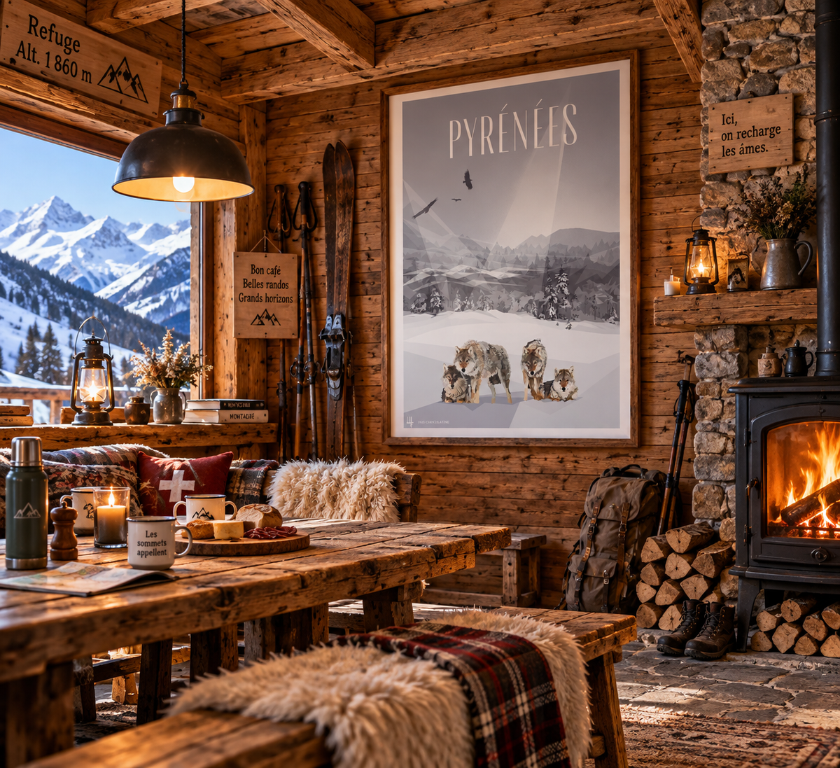 Affiche Pyrénées loups dans un refuge de montagne – décoration nature sauvage Pais Chocolatine