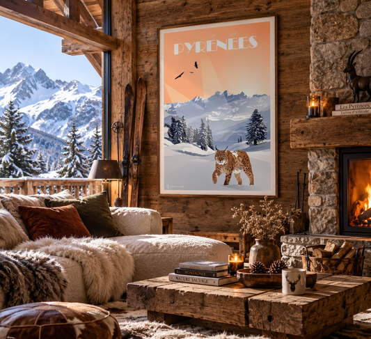 Affiche Pyrénées Le refuge sauvage du lynx mise en scène dans un intérieur montagne – décoration murale vintage Pais Chocolatine