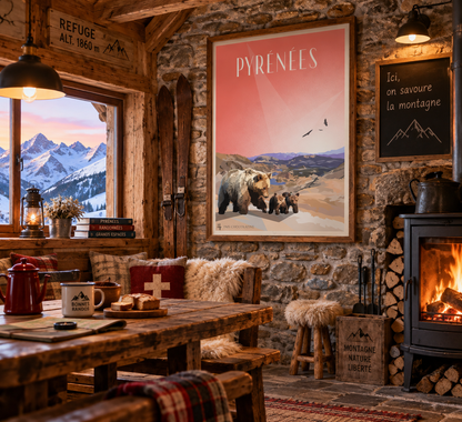 Affiche Pyrénées Le Refuge Sauvage dans un refuge de montagne – décoration ours et grands espaces