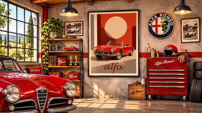 Affiche vintage Alfa Romeo Giulietta Spider présentée dans un intérieur raffiné, décoration rétro dédiée aux voitures italiennes de collection.