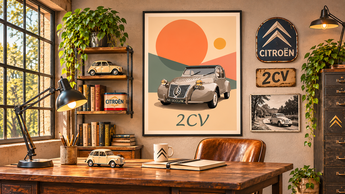 Affiche vintage Citroën 2CV présentée dans un bureau chaleureux avec mobilier rétro, décoration murale automobile et ambiance années 50.