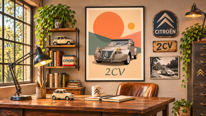 Affiche vintage Citroën 2CV présentée dans un bureau chaleureux avec mobilier rétro, décoration murale automobile et ambiance années 50.