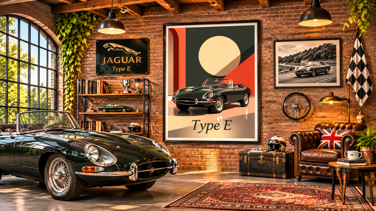Affiche vintage Jaguar Type E présentée dans un salon raffiné, décoration automobile rétro dédiée aux voitures anciennes de collection.
