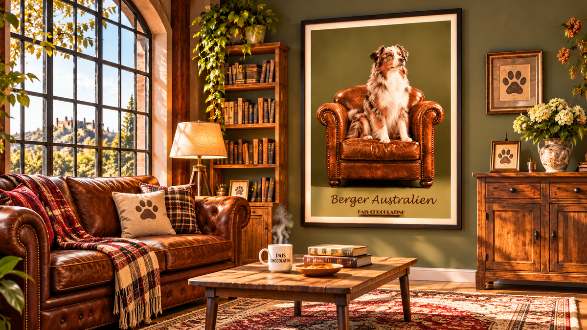 Affiche vintage Berger Australien présentée dans un salon ou bureau élégant, décoration rétro inspirée de l'univers animalier.