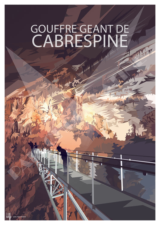 Affiche Gouffre géant de Cabrespine vintage – passerelle en verre et grotte de la Montagne Noire dans l’Aude – Pais Chocolatine