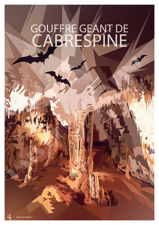 Affiche Gouffre de Cabrespine vintage – Salle Rouge, stalactites et chauves-souris dans la Montagne Noire – Pais Chocolatine