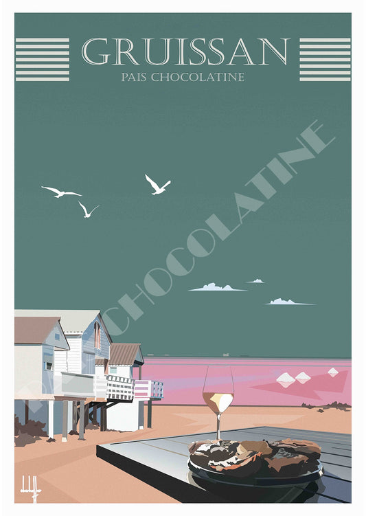 Affiche Gruissan Chalets vintage avec chalets sur pilotis, huîtres et vin blanc – décoration murale Méditerranée Pais Chocolatine