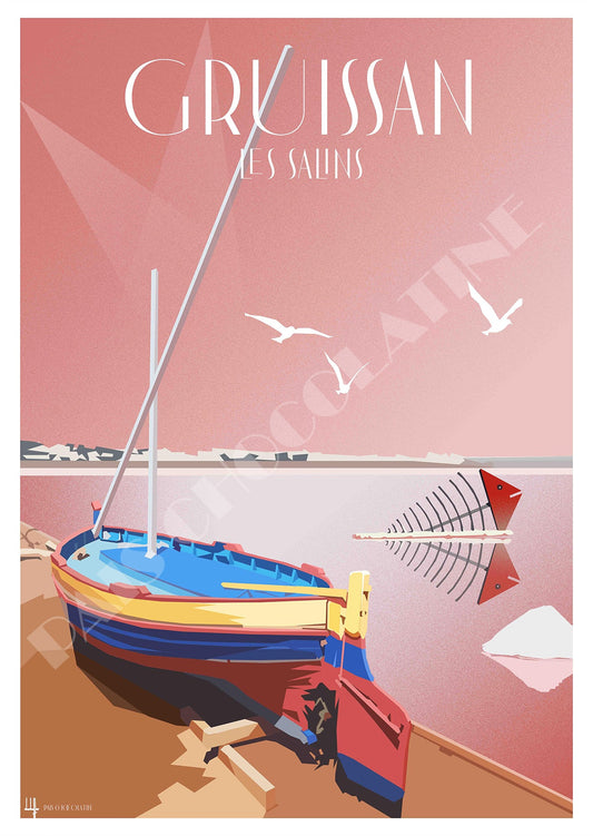 Affiche Gruissan Salins vintage avec barque traditionnelle et paysage rose des salins – décoration murale Aude et Méditerranée
