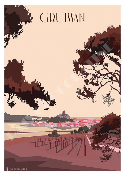 Affiche vintage Gruissan Village – tour Barberousse, vignes, étangs et massif de la Clape dans l’Aude – Pais Chocolatine