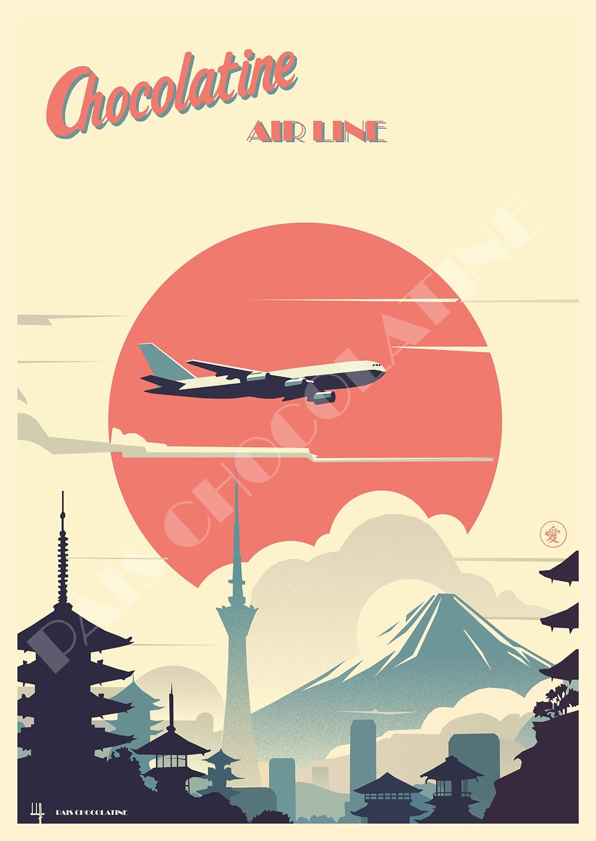 Affiche vintage Japon Pays du Soleil Levant – Mont Fuji, pagodes et avion Chocolatine Air Line – Pais Chocolatine