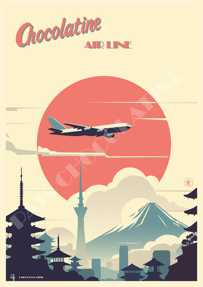 Affiche vintage Japon Pays du Soleil Levant – Mont Fuji, pagodes et avion Chocolatine Air Line – Pais Chocolatine