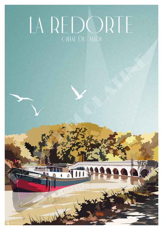 Affiche La Redorte vintage – péniche et épanchoir sur le Canal du Midi dans l’Aude – illustration Pais Chocolatine