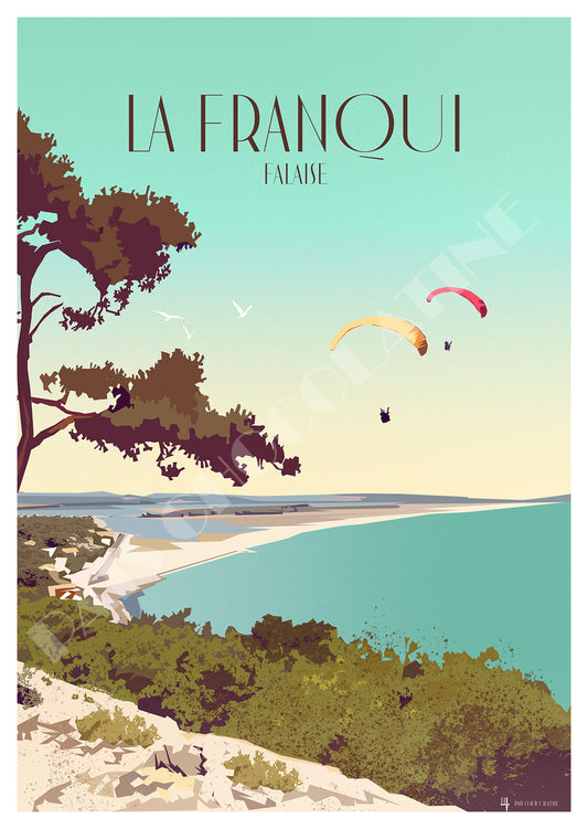 Affiche vintage La Franqui – falaise de Leucate, plage méditerranéenne et parapentes dans l’Aude – Pais Chocolatine