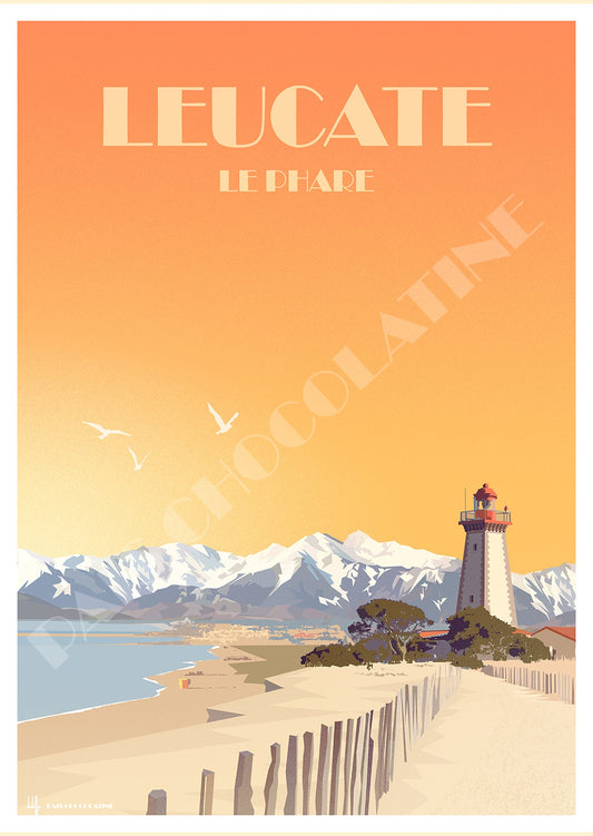 Affiche Leucate vintage représentant le phare, la plage et la Méditerranée – décoration murale rétro Pais Chocolatine