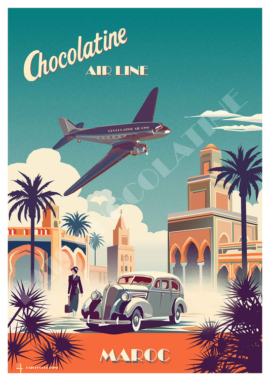Affiche vintage Maroc – Marrakech, souks, riad et architecture marocaine – poster voyage Pais Chocolatine