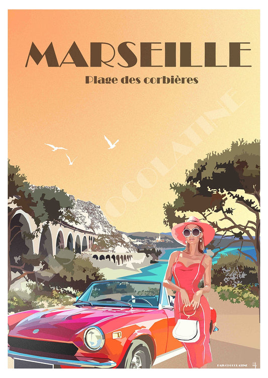 Affiche vintage Marseille Plage des Corbières – poster rétro Méditerranée et bord de mer, création Pais Chocolatine