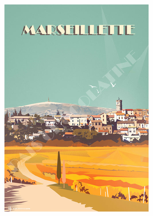 Affiche vintage Marseillette dans l’Aude, village d’Occitanie entouré de vignes avec le Pic de Nore et la Montagne Noire en arrière-plan – Pais Chocolatine