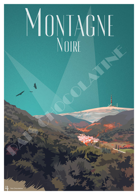 Affiche Montagne Noire vintage – Cabrespine et Pic de Nore en Occitanie – illustration montagne Pais Chocolatine