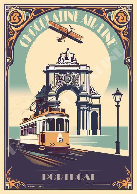 Affiche vintage Portugal Lisbonne – tramway jaune, Praça do Comércio et Arco da Rua Augusta – Pais Chocolatine