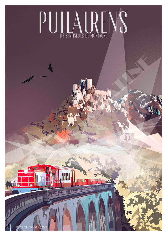 Affiche Puilaurens vintage – château cathare, train rouge et Pyrénées dans l’Aude – illustration Pais Chocolatine