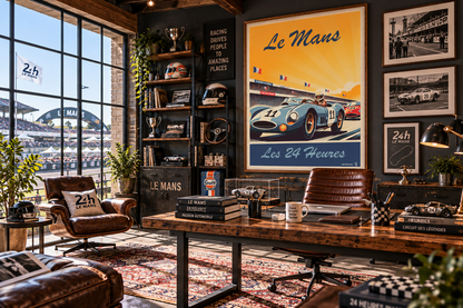 Affiche Le Mans dans un bureau de passionné de sport automobile – poster vintage course et belles mécaniques Pais Chocolatine