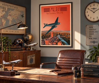 Affiche Albi vintage encadrée dans un bureau rétro ambiance aviation années 50 – décoration murale Pais Chocolatine