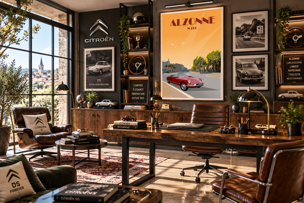 Affiche Alzonne N113 dans un bureau de passionné d’automobile ancienne – poster vintage route de l’Aude Pais Chocolatine