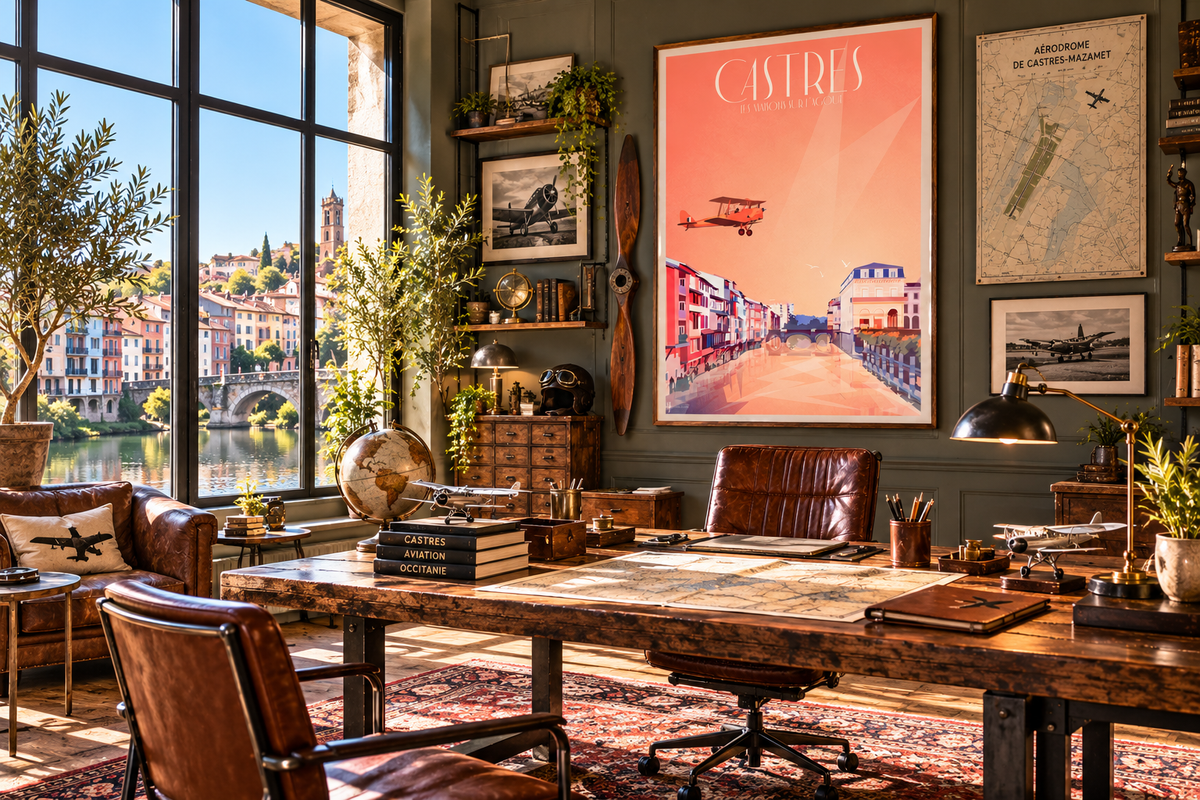 Affiche Castres Les Maisons sur l’Agout dans un bureau vintage ambiance aviation