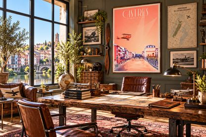 Affiche Castres Les Maisons sur l’Agout dans un bureau vintage ambiance aviation